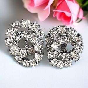 Vintage Rhinestone Earrings Silver Tone Prong Set Crystal Formal Bridal Clip 13P